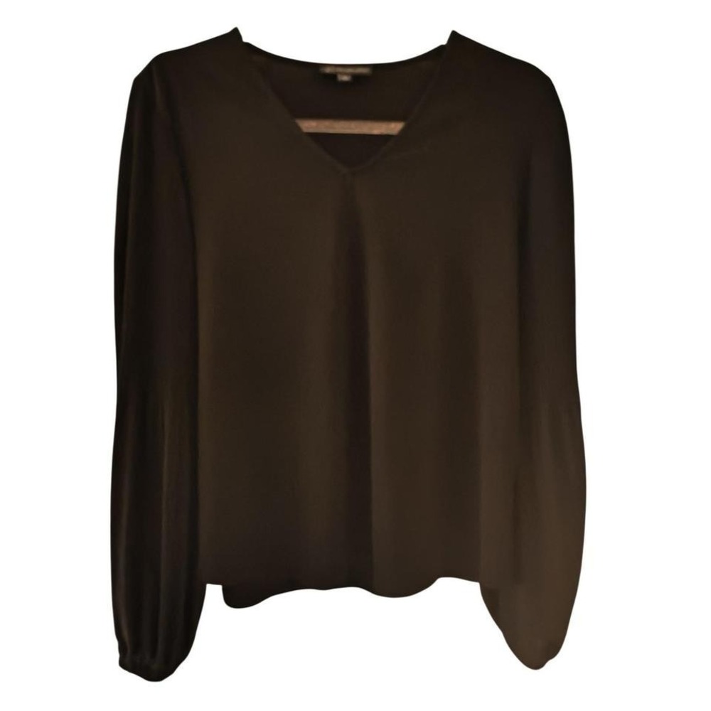 Blouse Black Adrianna Papell V-Neck Pleated Bishop Sleeve Top Size L